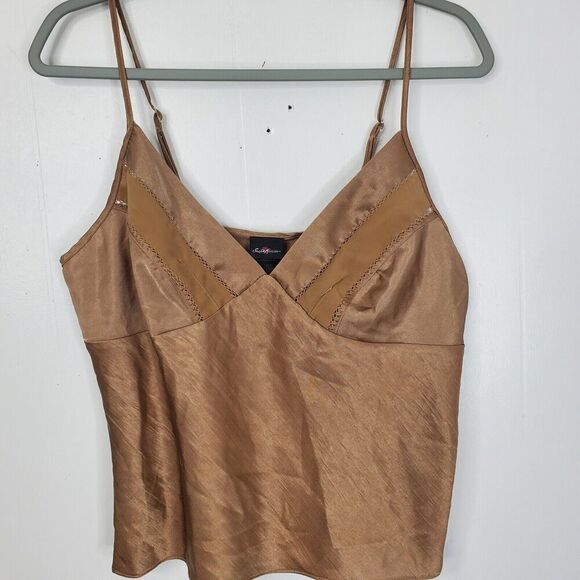 Secret Treasures Y2K Babydoll Tank Top Satin Slip Brown Eyelet Cutouts Womens L - Picture 1 of 9